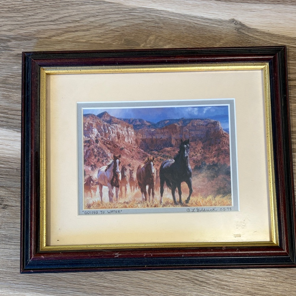 Framed Horse Illustration with Brown and Gold Accents